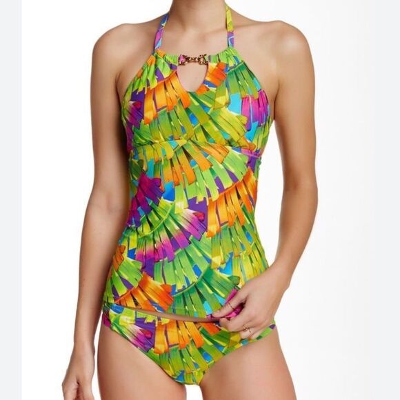 Trina Turk Polynesian Palms Two Piece Tankini Hipster Bottoms Multicolor *Size 8 - Picture 1 of 15